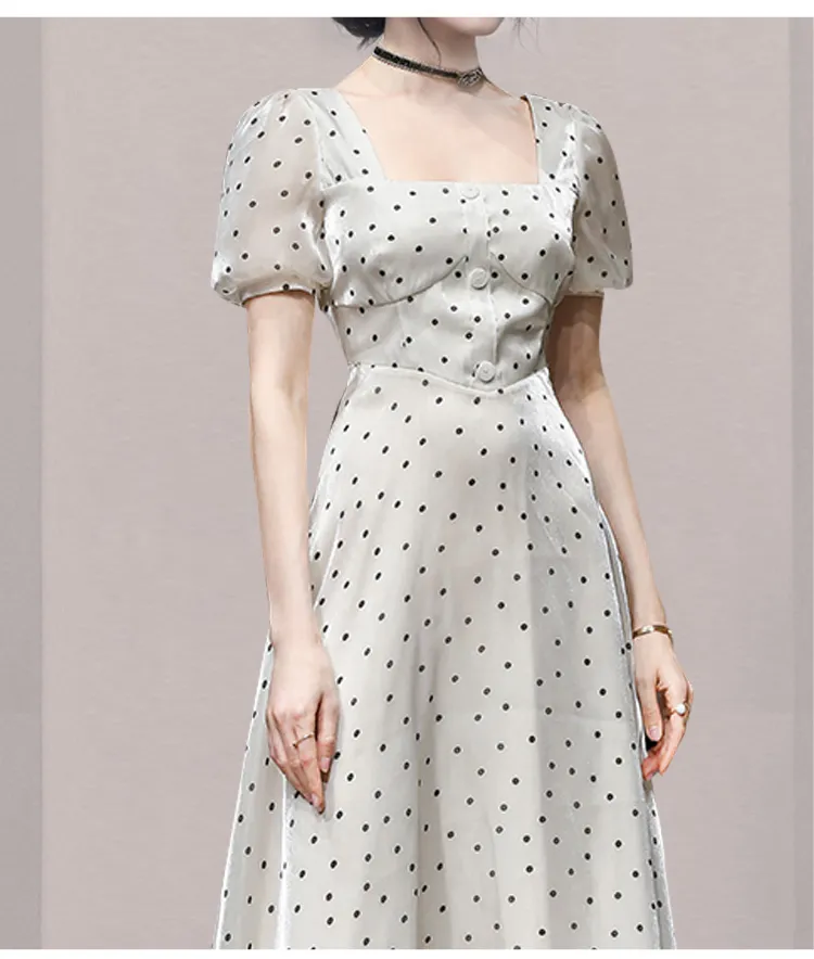 Elegante Temperamento Moda Polka Dot Pasta Collar Slow Sleeve Vintage Cintura Alta Cintura A-Linha Vestido Feminino Vestidos 210518