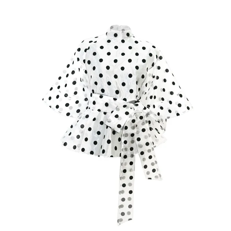 Beach Evening Party White Blouses Polka Dot See Through Sexy Thin Transparent Half Flare Sleeves Tops Shirt Women's Fashion 210422