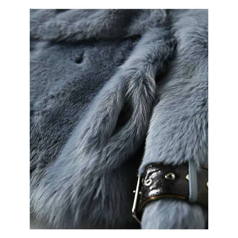 Langärmlige Jacke mit Kunstpelzkragen, Wintermode, All-Match-Kaninchenmantel, luxuriös, lang, 210531