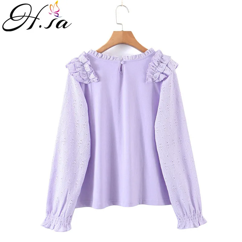 HSA Dames Lange Mouwen Tops Dames Blouses Party Tuniek Vrouwelijke Casual OL Office Lady Shirts Purple Ruches Blusas S 210417