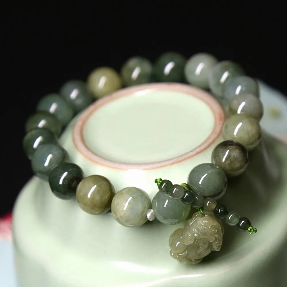 Alla moda naturale 10mm braccialetto di giadeite verde olio Pixiu uomini e donne braccialetti con ciondoli perline fai da te accessori regalo di compleanno Whole260t