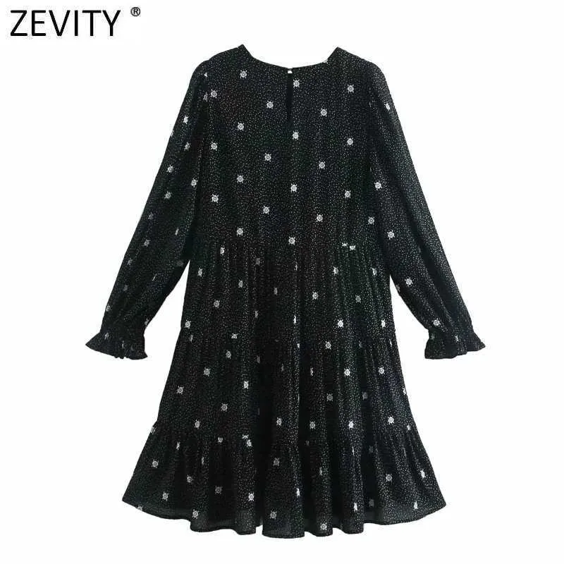 Zevity Women Fashion O Neck Blommor Print Dots Mini Klänning Chic Kvinna Puff Sleeve Lace Patchwork Pleat Ruffles Vestido DS4997 210603