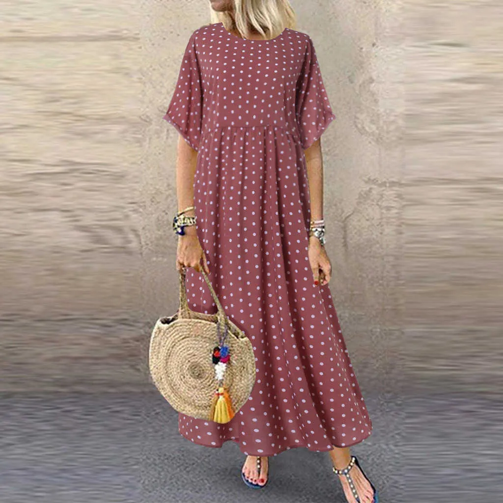 2021 Vrouwen Sundress Vintage O-hals Lange Maxi Jurk Vrouwelijke Casual Dip Pinted Summer Dress Beach Boho Jurken Vestidos Robe X0521