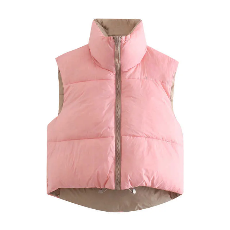 Stijlvolle zoete roze dubbele slijtage Trekkoord bijgesneden vest jas vrouwen mode stand kraag rits vest 210817