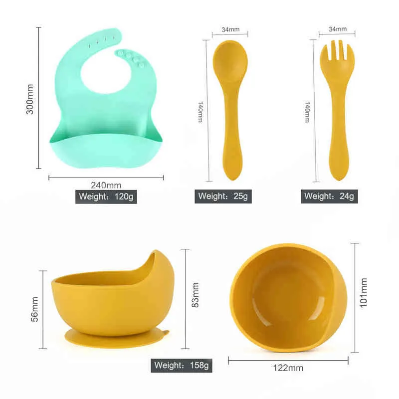 Kinder Schüssel Löffel Gabel Lätzchen Set Silikon Lebensmittelqualität Geschirr Anti-Rutsch-Geschirr Baby Geschirr Geschirr Kinder Mittagessen Fütterung Set G1210