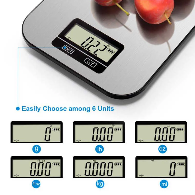 Wyświetlacz LCD 5 kg / 1G Wielofunkcyjny Cyfrowy Żywność Skala Kuchnia Ze Stali Nierdzewnej Ważące Wagi Żywności Narzędzia do gotowania Bilans 210927