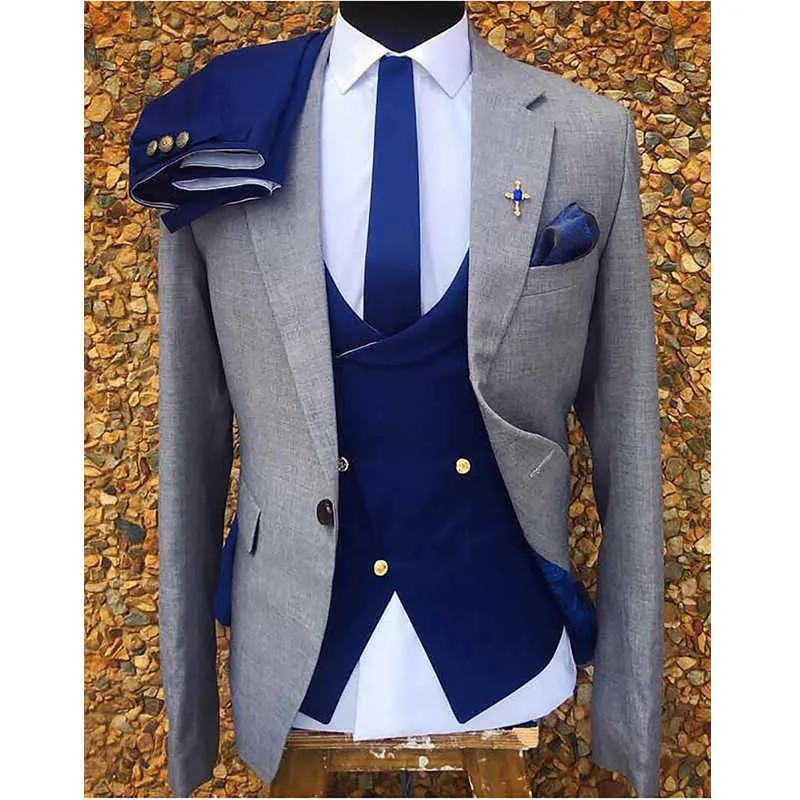 Smoking da sposo formale grigio abiti da uomo italiani slim fit da sposa con pantaloni blu royal gilet giacca da costume moda maschile X0909