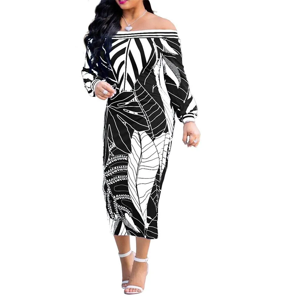 Sexy Off Shouder Dresses Printed Midi Package Hips Slim Longg Sleeves Women Fashion Spring Date Out Party Event Occassion Robes 210416