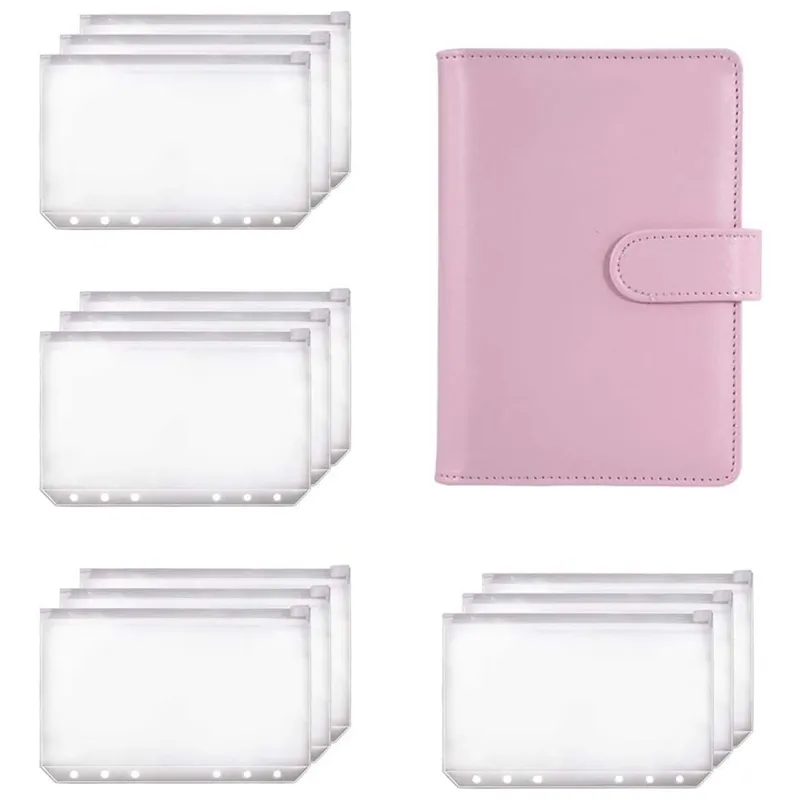 Raccoglitore A6 Raccoglitore quaderno rosa e 12 pezzi Raccoglitore a 6 fori Cartella con cerniera, Tasche raccoglitore Busta contanti Portafoglio 0224