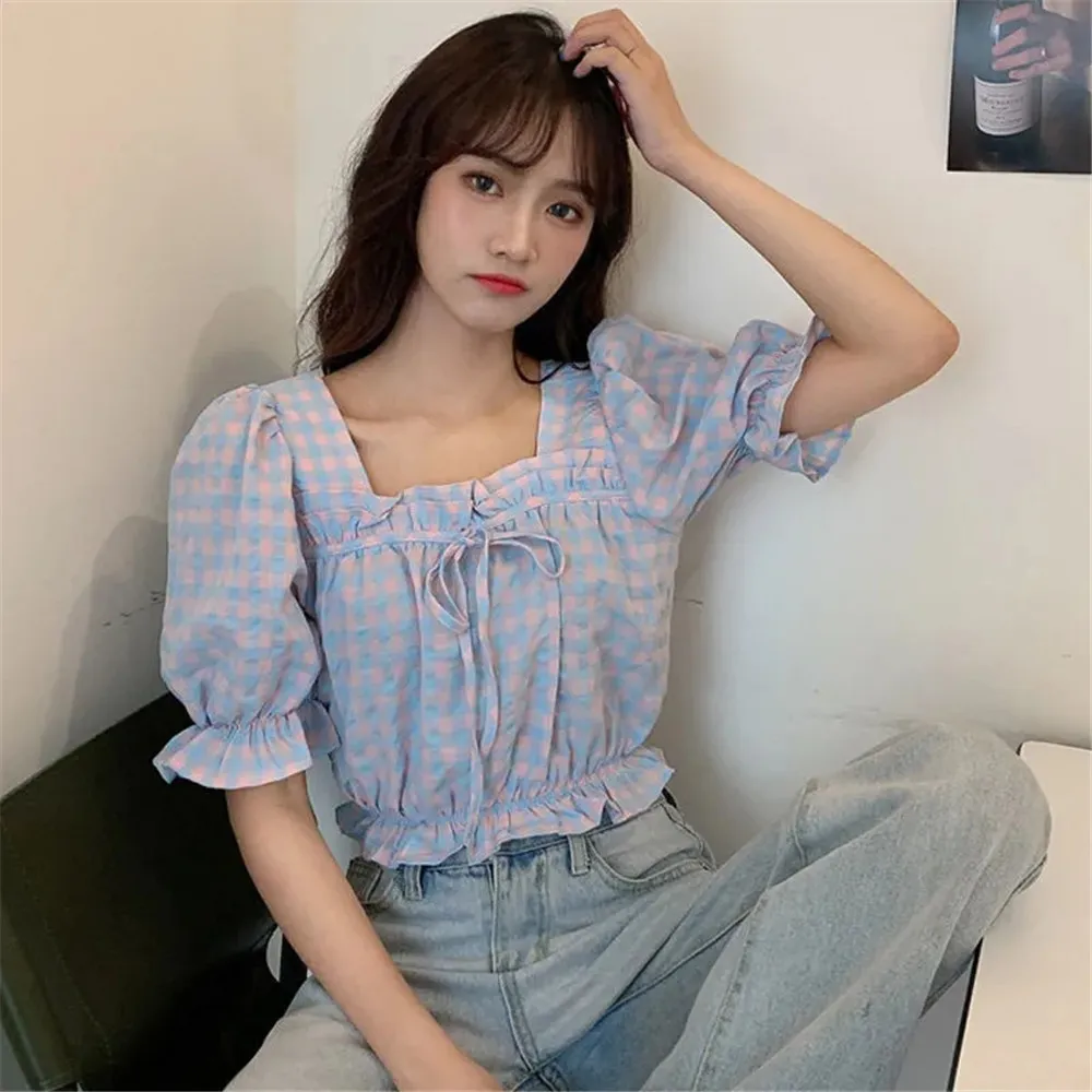 Plaid Puff Sleeve Rüschen Kurz Top Square Neck Weibliches T-Shirt Spitze-Up Wilde Sommer Streetwear T-stück Vintage Frauen Ins Outfits 210421