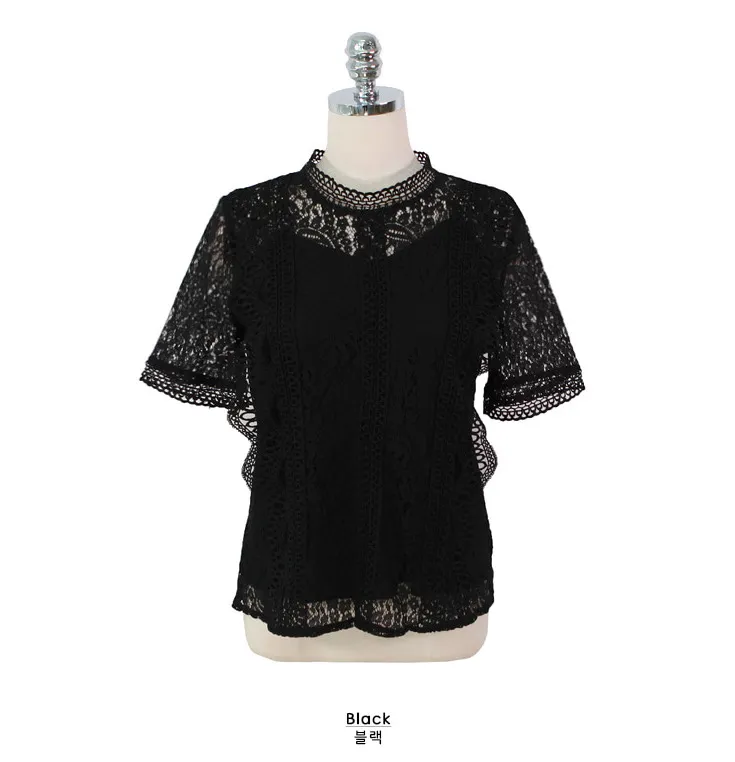 Spring Summer Fashion Short Sleeve Lace Shirt Women Slim Fit Hollow Out Blouses and Tops Blusas Mujer De Moda 8745 50 210508