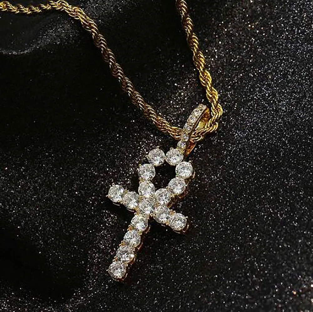 Hiphop Iced Rose Gold Ankh Ägyptischer Anhänger Diamant-Kreuz-Halskette für Männer Frauen Schmuck mit 24-Zoll-Seilkette205F