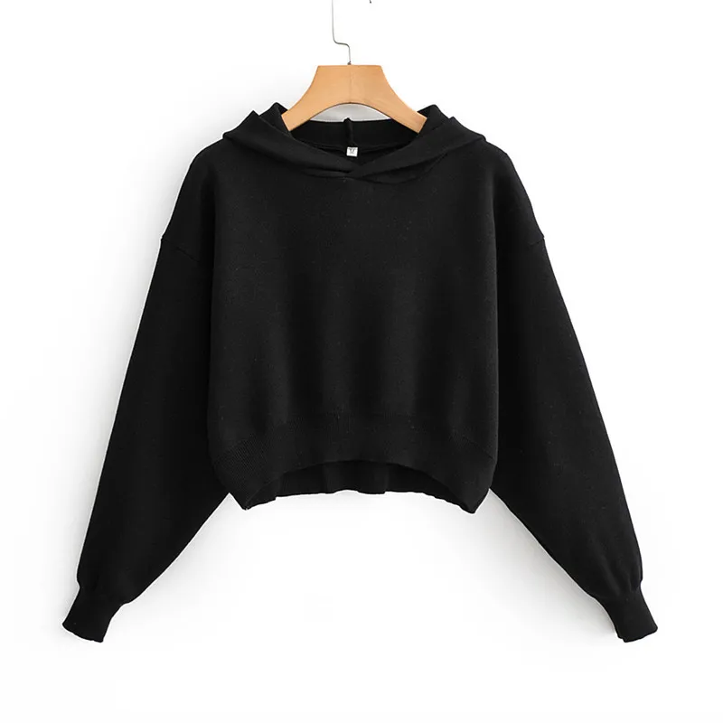Sweat-shirt à capuche tricoté pour femmes, style court, haut court extensible, pull solide, décontracté, tops basiques, 210430