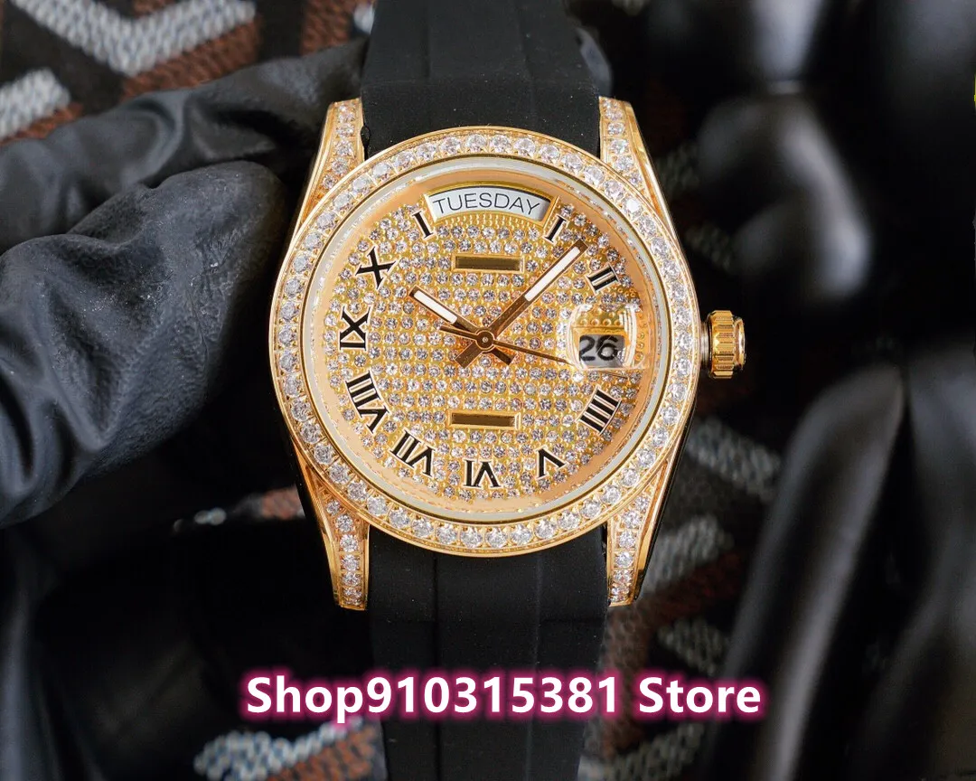 Top classic Men Full crystal diamond watches Classic Automatic Mechanical Week Wristwatch Rome Number clock 40mm