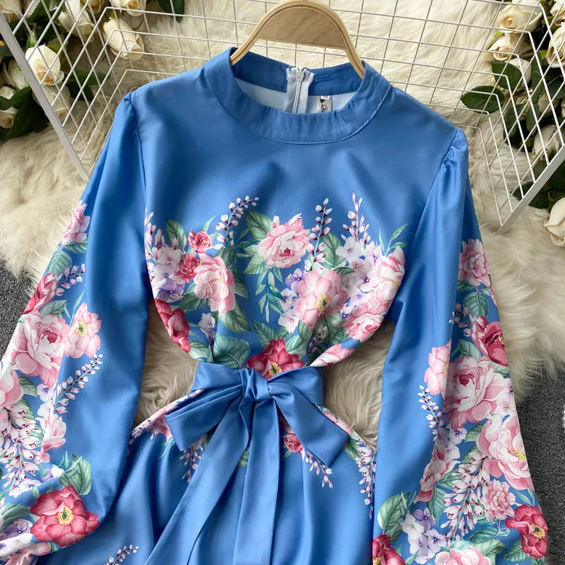 Singreiny Women Court Wind Print Dress Retro Puff Sleeve O hals Balt A-lijn Jurken Lente Fashio Streetwear Blue Korte jurk 210419