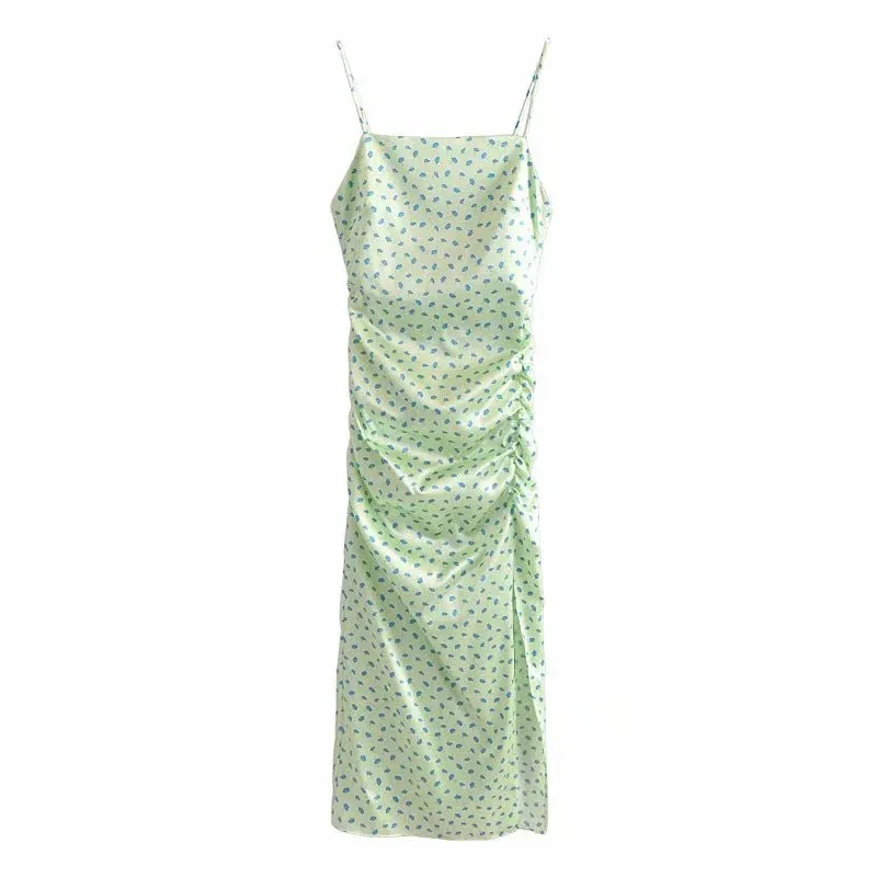 Slip Abito Lungo Donna Verde Raso Floreale Midi Donna Backless Increspato Sexy es Ladies Strap Party es 210519