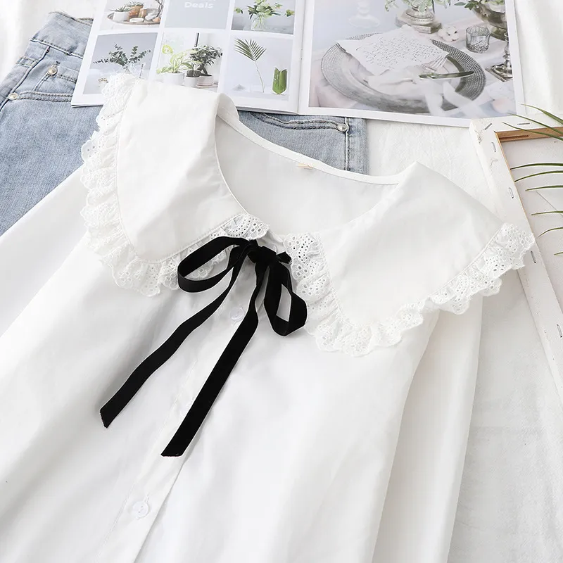 HSA White Bluzka Kobiety Z Długim Rękawem Bawełniane Topy i Bluzki Słodki Peter Pan Collar Girl Blusas Mujer de Moda 210417