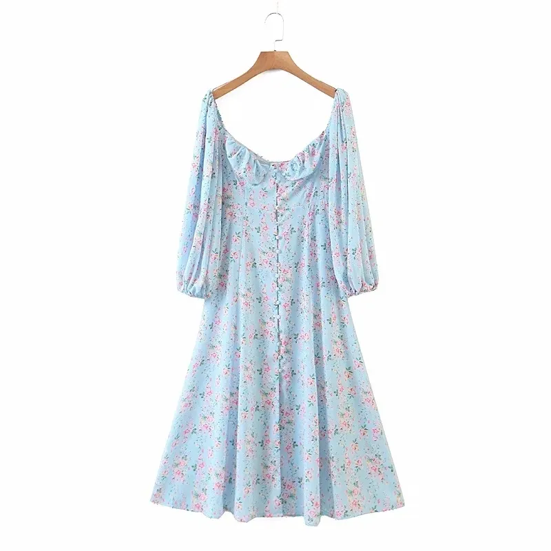 Robe longue à imprimé floral à l'épaule pour femmes Vintage Blue Beach Holiday Hoho Maxi Slit Robe Fleur Robe Française 210415