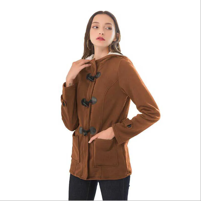 Giacche basic da donna Cappotto cammello Primavera Autunno Cappotto da donna Cerniera Bottone in corno Giacca da donna Giacca con cappuccio S-5XL 210922