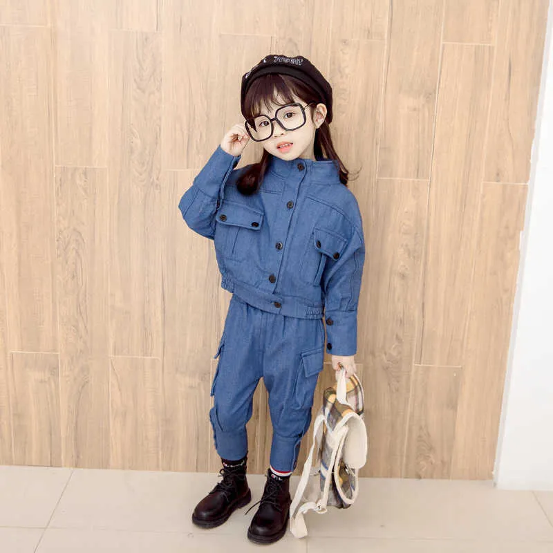 Enfant fille vêtements nouveau 2021 automne mode coton solide à manches longues simple boutonnage ensembles infantile filles vêtements pantalon 1 5 ans X0902