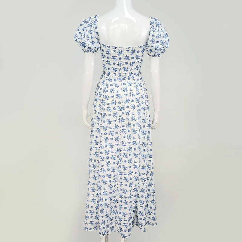Kadınlar Moda Puf Sleve Lace Up Yüksek Bölünmüş Elbise Vintage Ladies Cottagecore Tallulah Mavi Beyaz Çiçek Midi Elbise Damla X268X