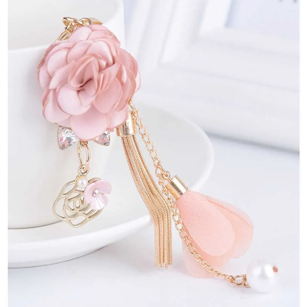 Fiore di camelia Gioielli di moda Borsa con ciondolo rosa rosa Borsa appesa Decorazione Chiave Fibbia Accessori Ornamenti G1019