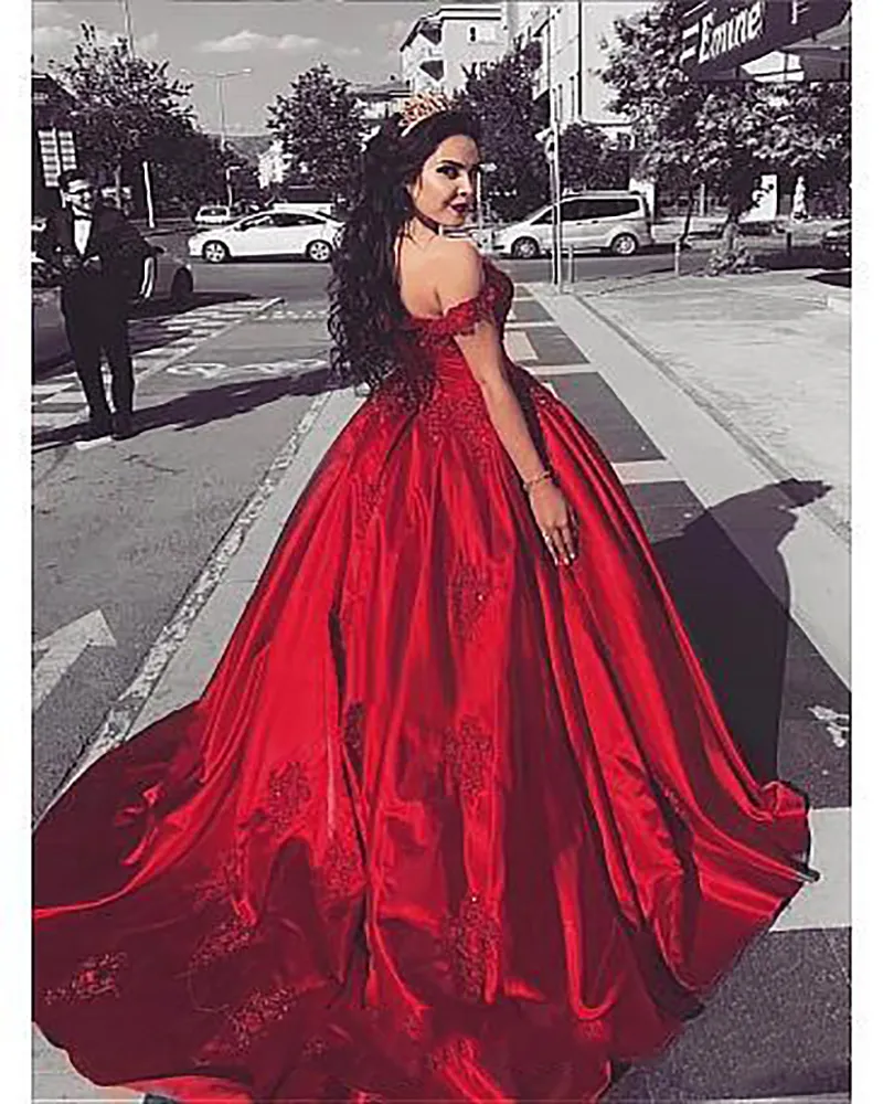 Скромные платья Quinceanera 2021 года, красные атласные вечерние платья с открытыми плечами, милое бальное платье с блестками и аппликацией, платья для выпускного вечера262K