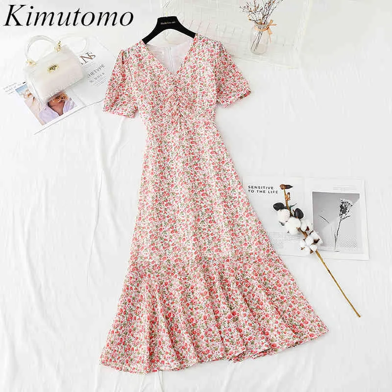 Kimutomo elegante vestido floral v-pescoço de manga curto verão chiffon robe feminino cintura alta emagrecimento maxi vestidos casual 210521