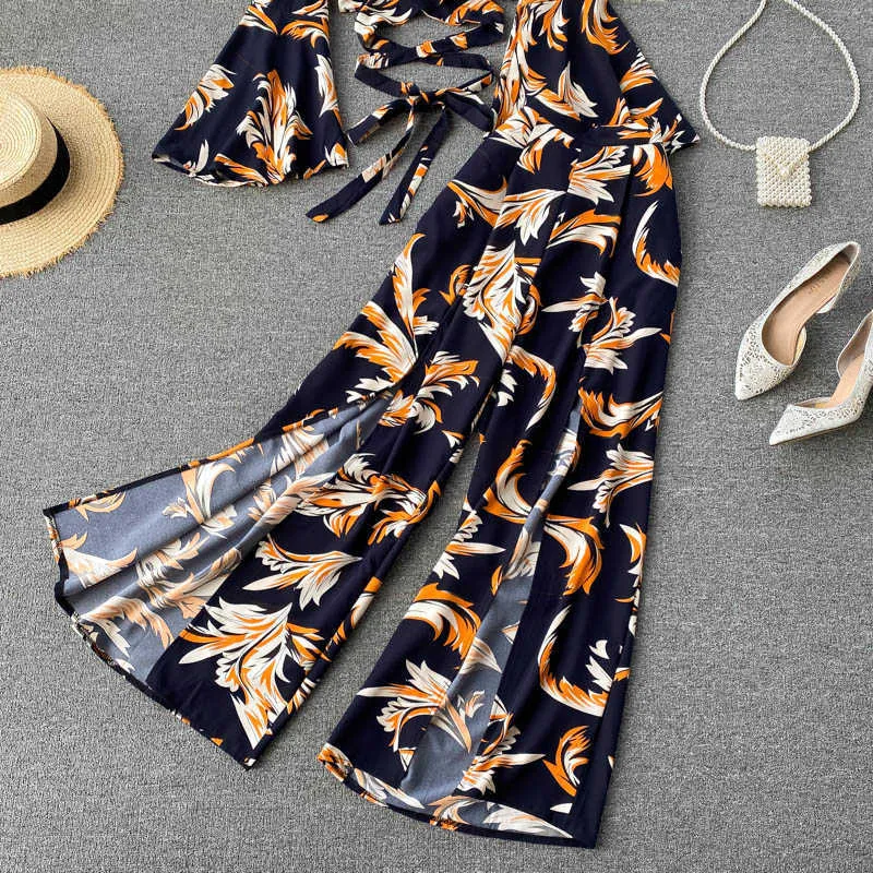 Bohemian Vacation Beach Two Piece Set Women Sexy V-Neck Bandage Short Tops + High Waist Split Wide Leg Pant Suit Spring Höst 210721