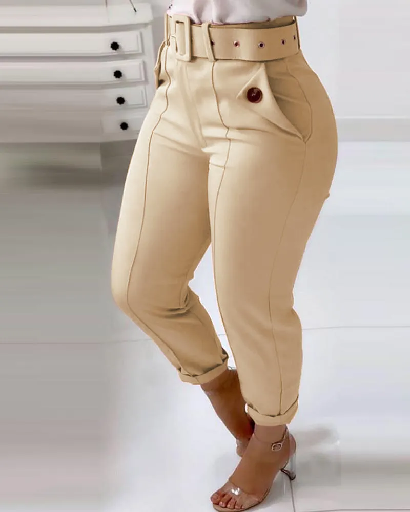 Mode Femmes Automne Élégant Casual Pocket Design Boutonné Casual Pantalon Lady Sexy Skinny Long Pantalon Workwear 210415