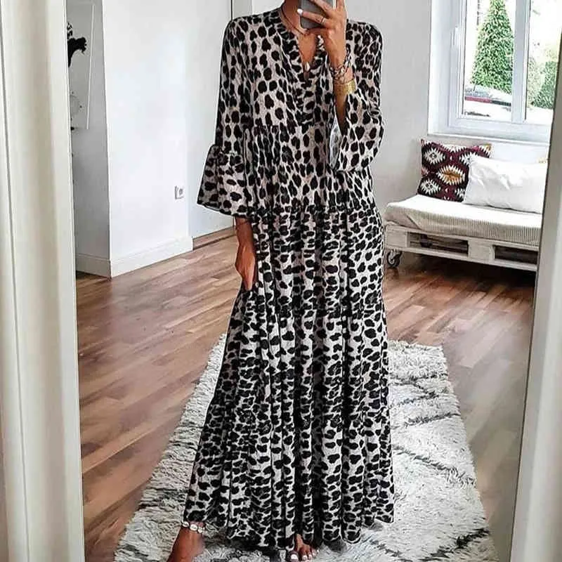 FORIDOL LeoPard Print Long Maxi Зимнее платье Женщины плюс Размер Flare Рукава Повседневная шикарный Большой Размер Boho Платье Дамы Элегантное платье 210415