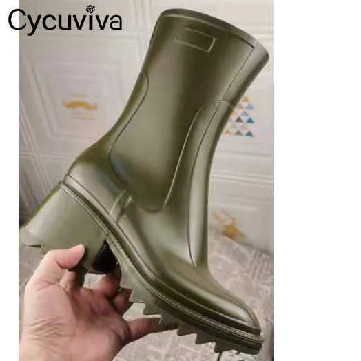 여성용 Cycuviva Square toe 장화 Chunky Heel 두꺼운 단독 발목 부츠 디자이너 Chelsea Boots 여성용 고무 장화 Rain Shoes Y0910