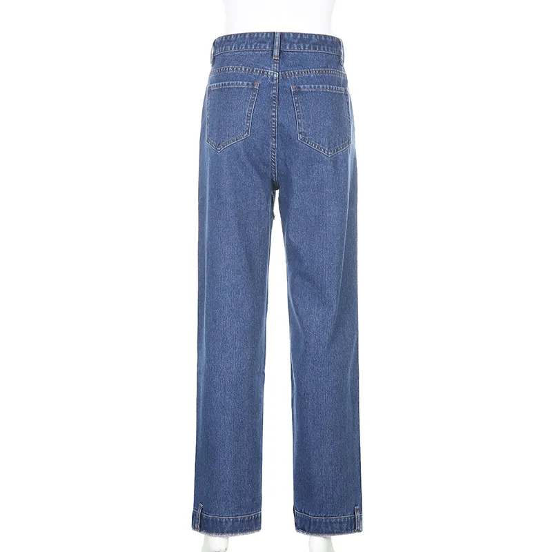 Blaue gepatchte gerade Y2K-Jeans für Mädchen weibliche Mode Frauen Quaste Vintage-Denim-Hosen mit hoher Taille Hose Streetwear 210415