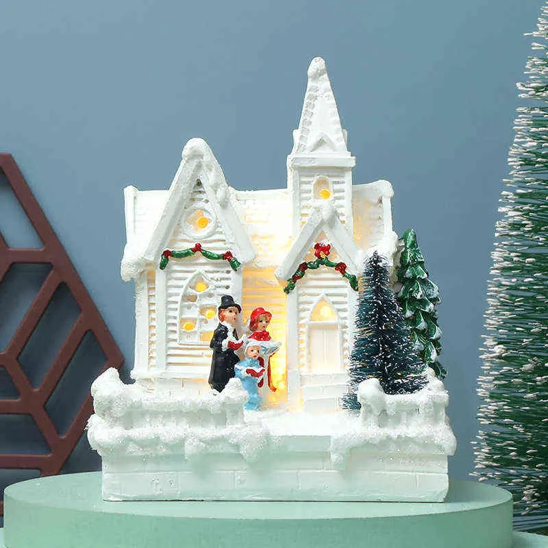 ウロピークリスマスビレッジホワイトゴージャスな家の建物の休日の装飾樹脂クリスマスツリーの飾りギフト年の装飾工芸品211104
