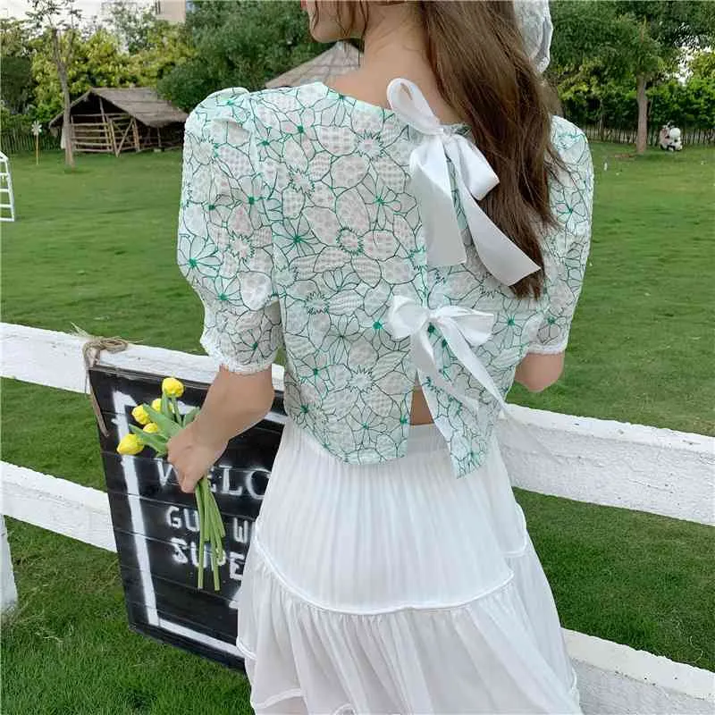 Ezgaga Lace Up Puff Krótki rękaw Bluzka Kobiety Bow Chic Kwiat Design Koszule Koreańska Moda Lato Nowe Luźne Eleganckie Crop Tops 210430