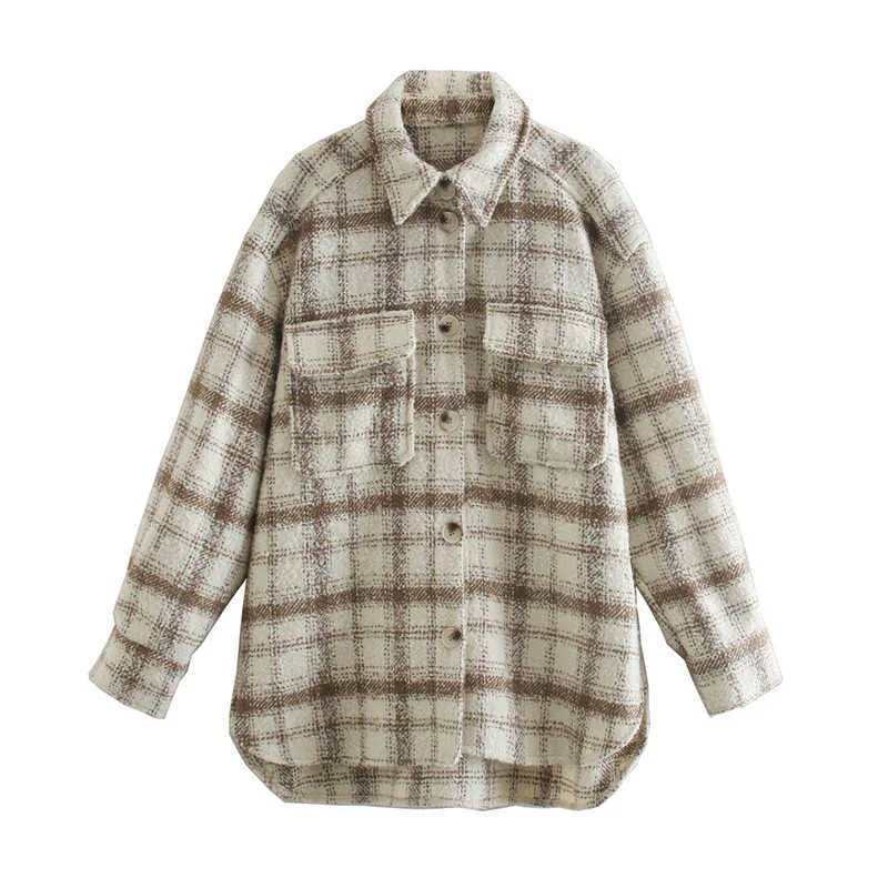 Evfer Women Autumn Winter Fashion Plaid Khaki Thick Coats Overshirt女性スタイリッシュなポケット長いジャケットオーバーシーズアウトウェア211025