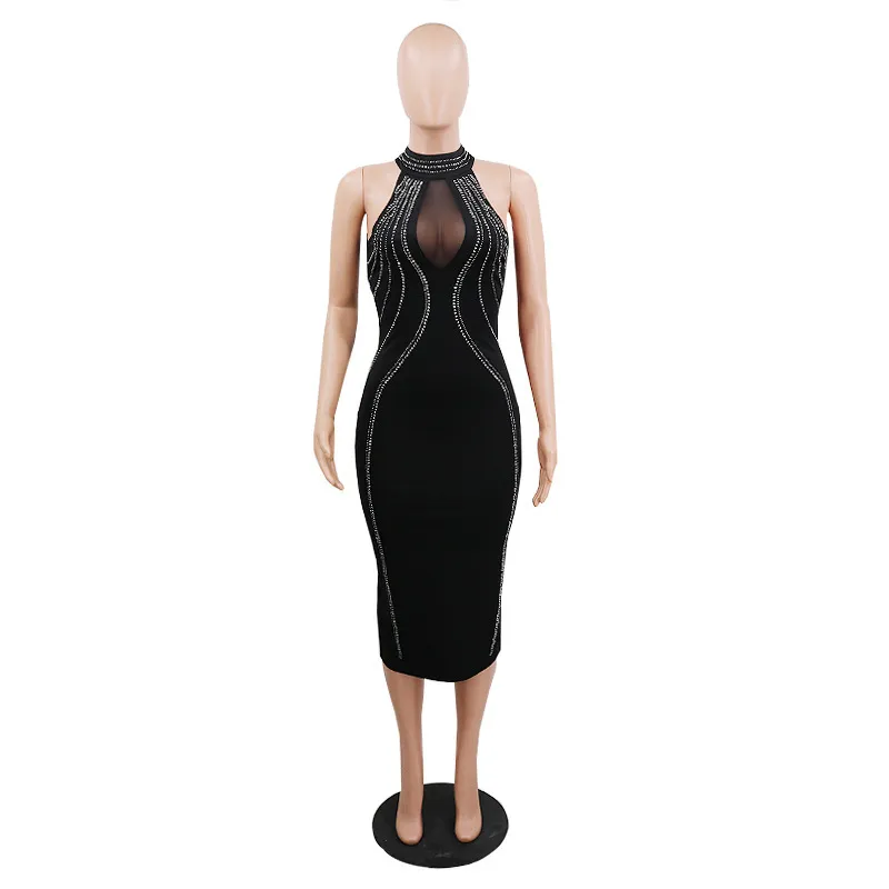 Vestido de verano Midi sin mangas de pasarela de alta calidad para mujer Sexy Club Diamond Stripe Bodycon Sundress drop 210520