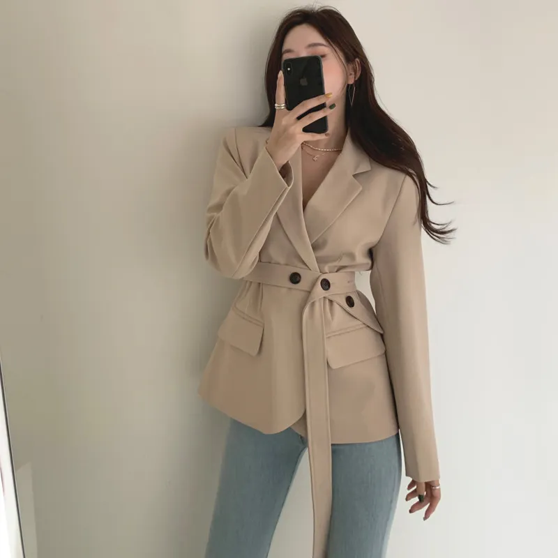 Giacca coreana da donna moda giacca cappotto primavera con cintura manica lunga colletto dentellato abbigliamento da lavoro da ufficio giacca femminile Femme 210513
