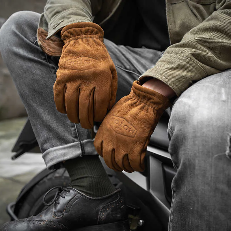 Men039s gants en cuir véritable givré hommes moto équitation doigt complet hiver avec fourrure Vintage peau de vache marron NR65 2110262348484