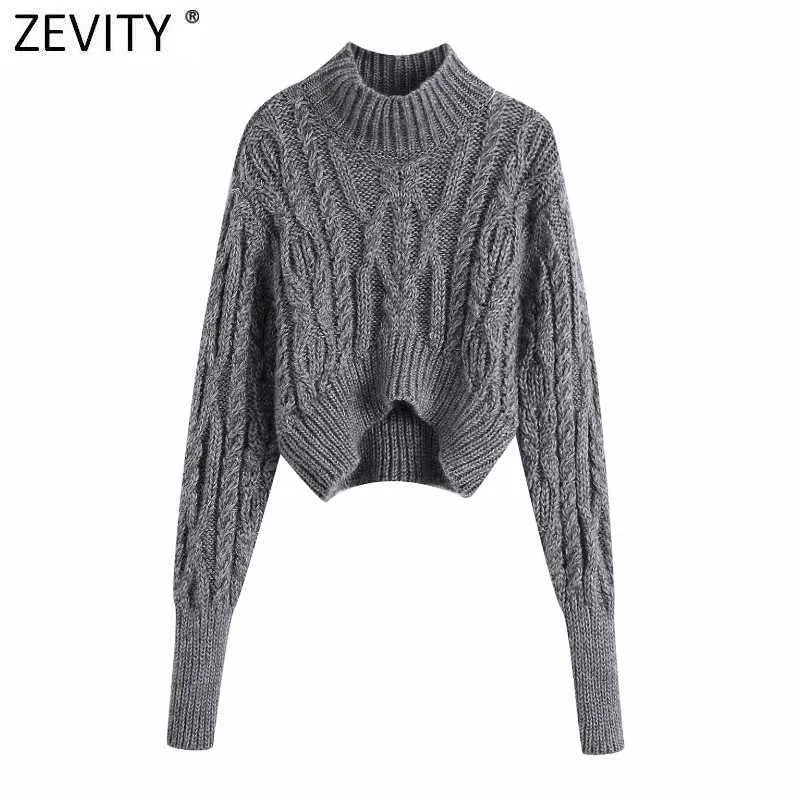 Zevity Women Vintage Dolcevita Twist Crochet Maglione corto lavorato a maglia Manicotto lanterna femminile Chic Pullover casual Top S564 210603