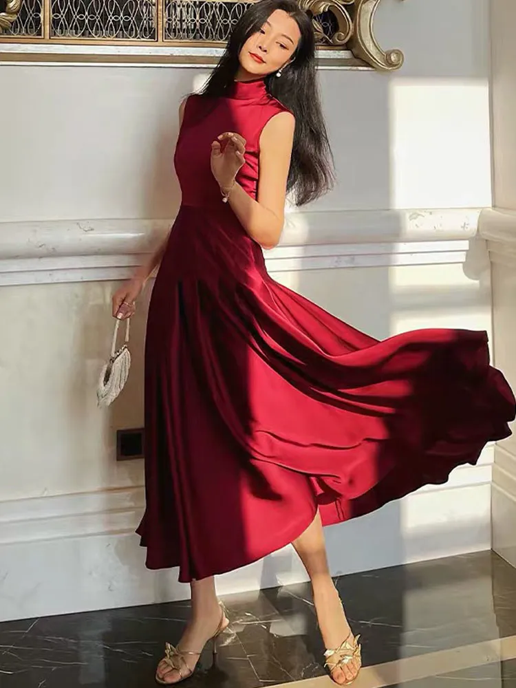 Designer de célébrités élégant col montant rouge sans manches plissé maxi A-ligne fête anniversaire robe vacances d'été dame femmes 210421