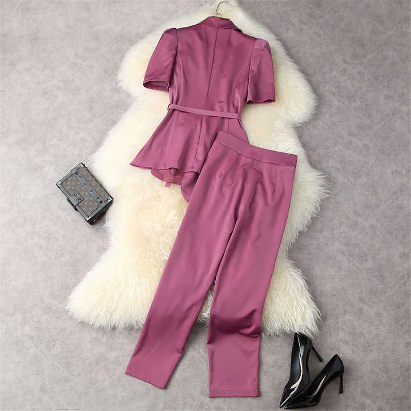 Kvinnors Byxor Set Sommardesigner Fashion Short Sleeve Lace Up Blazer Suit Pants Office Lady Business Outfit 210601