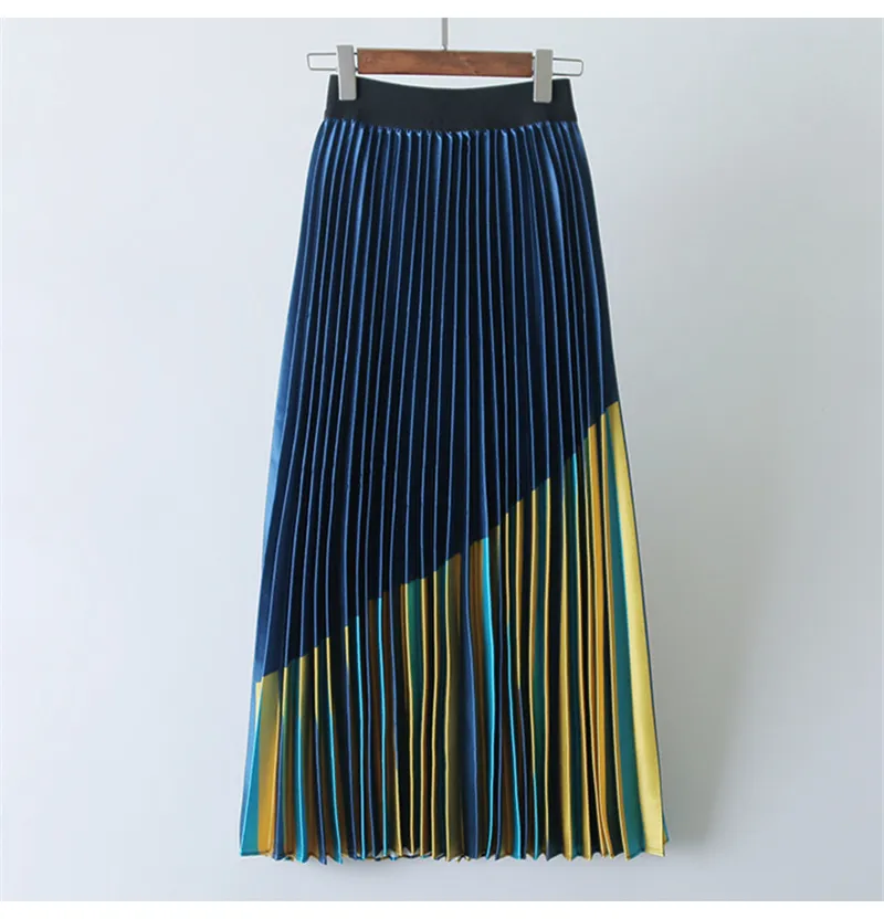 Qooth Color Match Mid-Length Pleated Skirt Big Swing High Waist A-Line Kjol Alla Match Striped Fashion Elastic Midja Kjol Qt729 210518