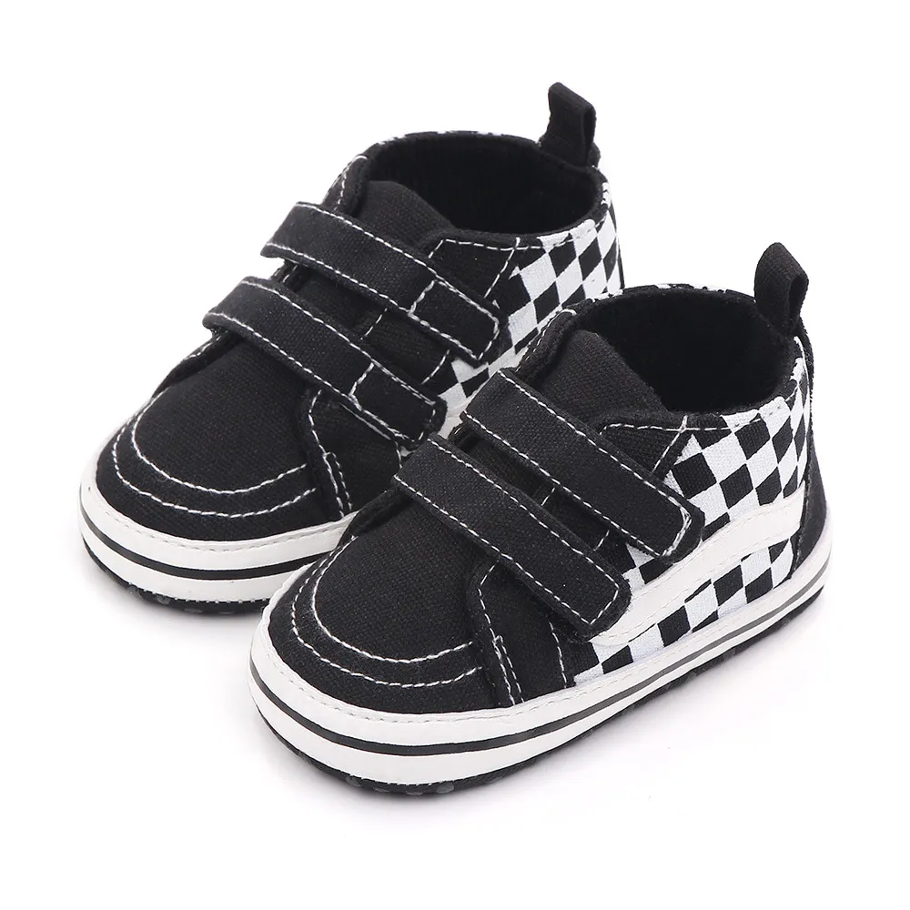 아기 신발 봄 첫 번째 워커 체크 무늬 아기 레이스 캔버스 신발 부드러운 하단 아기 소년 소녀 신발