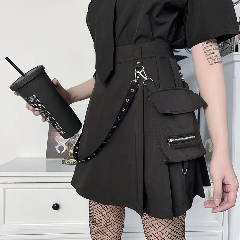 Harajuku punk gotycki czarny spódnice wysokiej talii kobiety sexy patchwork bandage mini żeńskie streetwear 220221