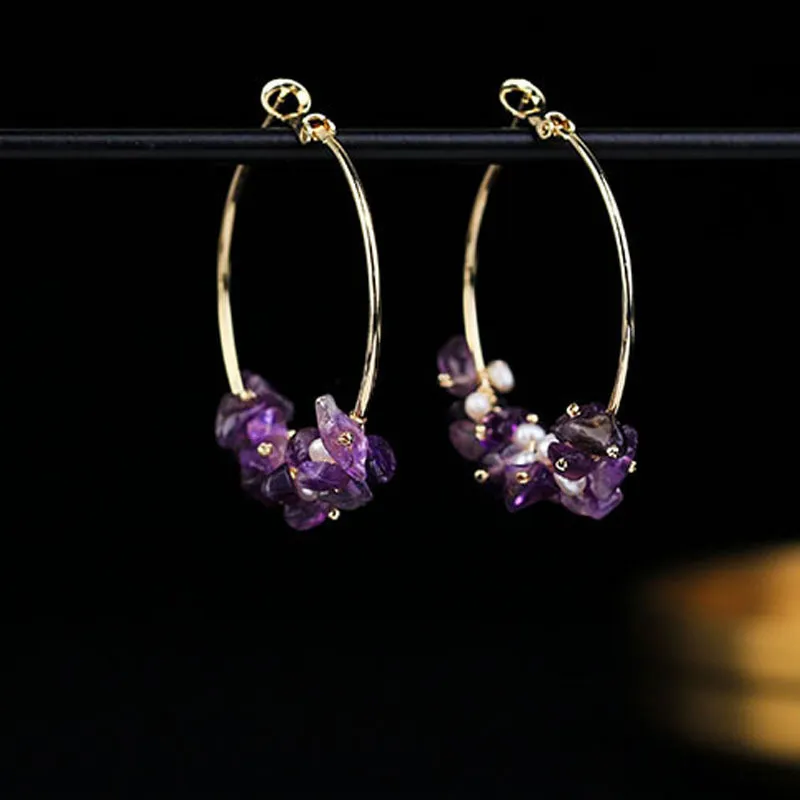 2020 Women Purple Hoop Crystal Natural Stone Pearls Delicate Jewelry Big Bohemia Boho Loop Earrings Girls Party Gift