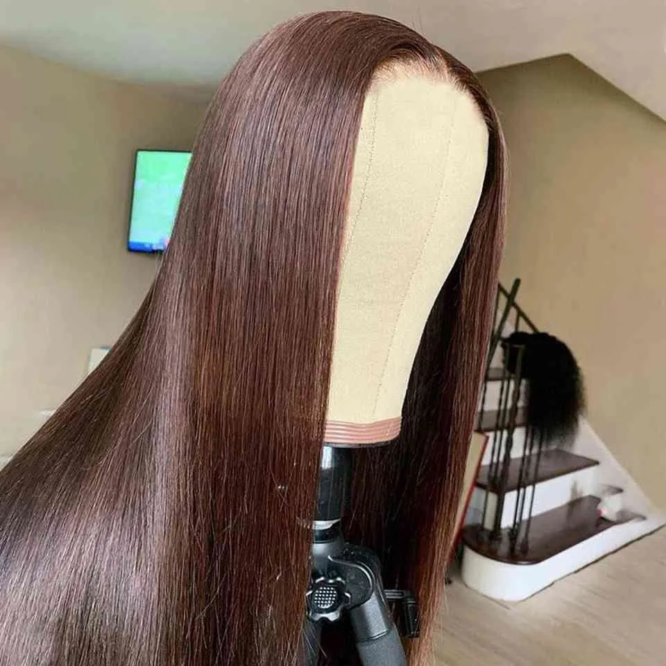 Parrucche frontali colorate 13x4 capelli umani donna Parrucca frontale in pizzo dritto marrone scuro 180% prepizzicata ondulata brasiliana Remy