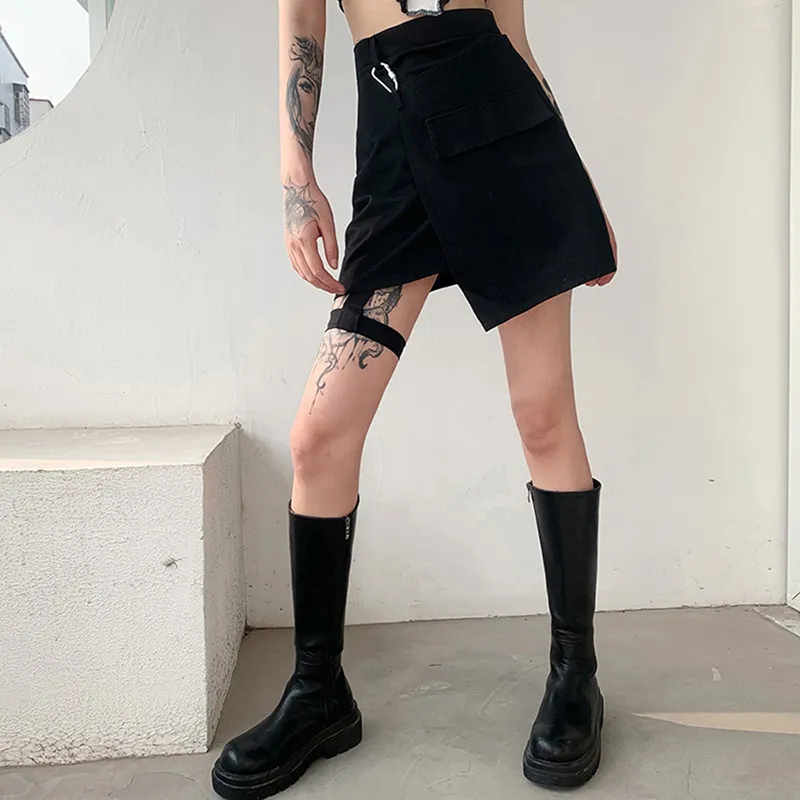 Готическая черная пэчворка мини-юбка с металлической пряжкой карманные женские Y2K Streetwear высокая талия Harajuku юбки корейская мода 210517