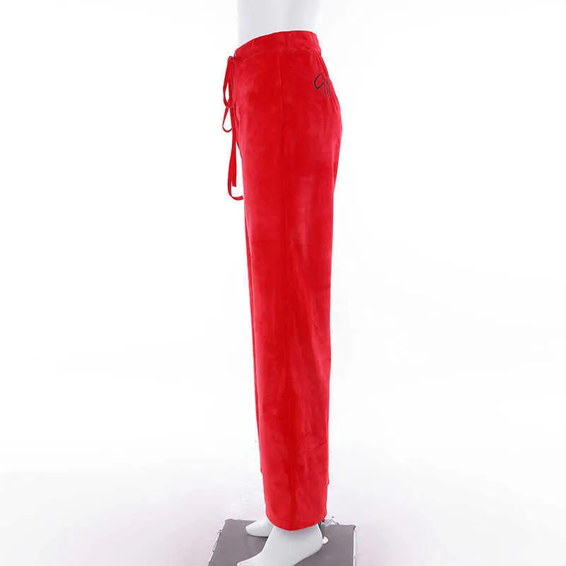 Осенняя высокая талия на стрижках на стрижках на стрижках на стрижках женская вышивка женщины широкие ноги бегуны брюки девочка черная красная повседневная сумка 210604