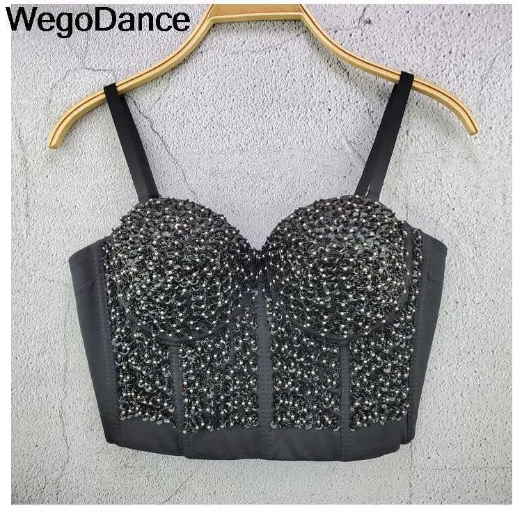 Sexy Bright Beading Sequins Nightclub Push Up Bralette Bra Cropped Wear Out Corset Tops Female Camis Crop Clothes X0726